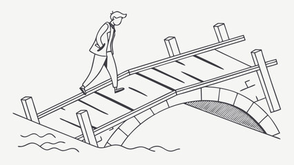 Obraz premium A Businessperson Navigates a Challenging Wooden Bridge