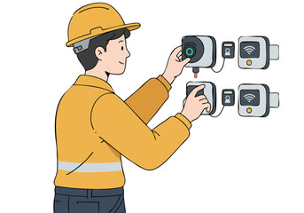 A construction worker adjusts security systems with a tablet, showcasing modern access control. Clean, bright illustration with a focus on technology and security.