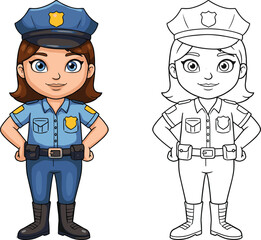 Cartoon female police officer character in full color and outline version, standing confidently with hands on hips in uniform.