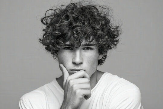 young man with misty eyes and trembling hands lost in daydream stands against clean solid backdrop