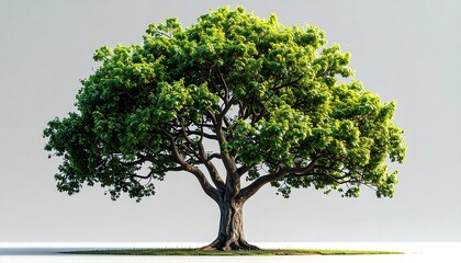 A full shot of a lush, vibrant tree with a broad canopy, set against a plain, light gray background.