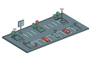 Isometric illustration of a smart parking lot with connected vehicles and sensors. Modern, clean design showcasing technology and urban infrastructure. Ideal for tech, city, and parking concepts.