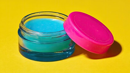 Blue lip balm jar with pink lid on yellow background.