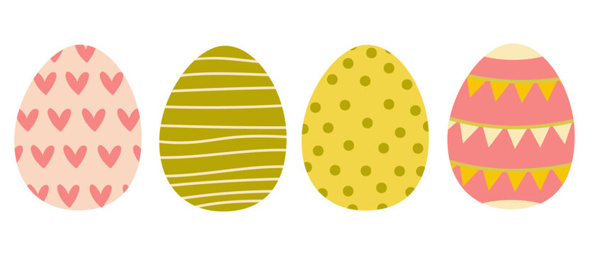 Decorative Easter eggs in pastel colors displayed in a row with various patterns for spring celebrations