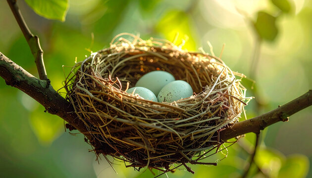 Bird nest with three blue eggs resting on tree branch in sunlight, surrounded by green leaves, symbolizing new life and seismic activity in nature