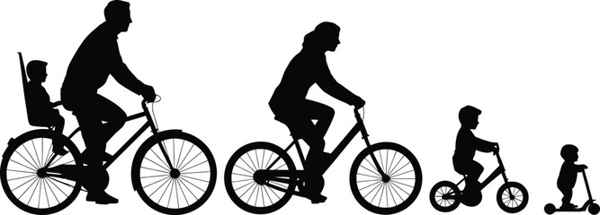 Fototapeta premium Family bicycle and scooter ride silhouette depicting active lifestyle and outdoor fun
