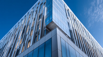 A low angle view of a modern glass building against a bright blue sky daytime light