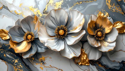 Ornate, three-dimensional flowers in shades of gray and white, accented with golden details, rest on a marbled background, creating a sophisticated and elegant design.