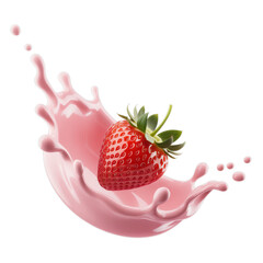  Fresh strawberry flying in pink yogurt isolated on white background