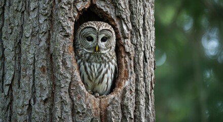 An owl peeks out from a hole in a tree trunk