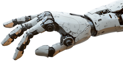 Detailed futuristic metallic robot arm with polished surfaces shown close up isolated on transparent background suitable for engineering, innovation, and tech branding