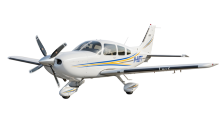 Modern light aircraft with a streamlined design and retractable landing gear, ready for flight