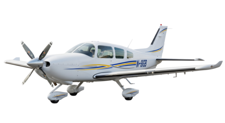 A pristine white single-engine aircraft with yellow and blue accents, poised for flight against a stark white background