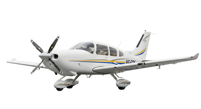 A White Single-Engine Aircraft with Yellow and Blue Stripes on a White Background