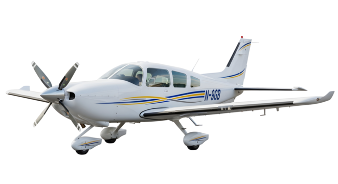 A pristine white single-engine aircraft with yellow and blue accents, poised for flight against a stark white background