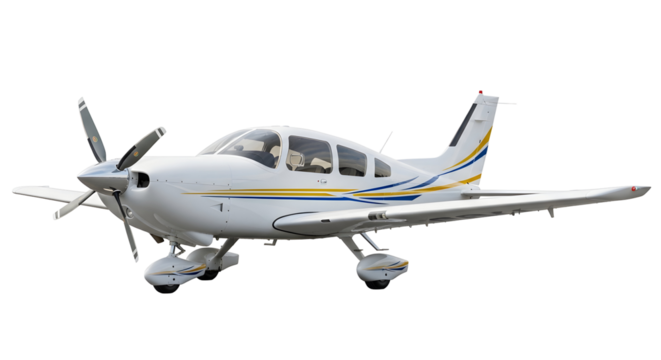A white single-engine aircraft with yellow and blue accents is captured in a studio shot against a white background, showcasing its design