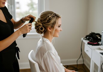 Bride's Hair Styling Before Wedding Day - Elegant Updo with Braids, Hairstyle, Preparation, Hairdresser.