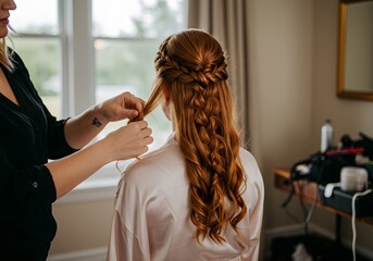 Naklejka premium Wedding Hairstyle Bridal Hair, Red Hair, Braids, Updo, Styling, Hairdresser at Work.