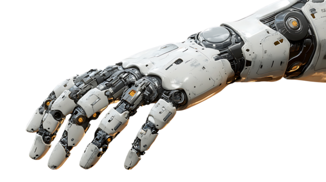 High-resolution image of a futuristic metallic robotic arm with articulated joints isolated on transparent background perfect for sci-fi and automation presentations