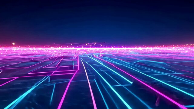 Futuristic Neon Grid Landscape with Glowing Pink and Blue Lights Under Dark Night Sky
