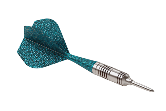 Precision dart featuring steel point, metallic shaft, and textured teal flights, shown at diagonal angle, isolated on transparent background.
