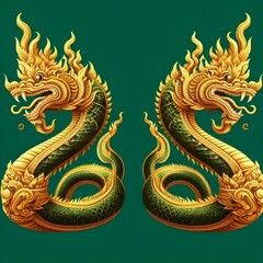 Fototapeta premium A majestic pair of golden serpentine dragons in a symmetrical design, ornate mythical Naga creatures from Asian folklore