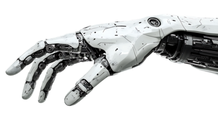 Futuristic metallic robot arm with visible gears and joints shown in close-up isolated on transparent background ideal for automation, engineering, and digital media