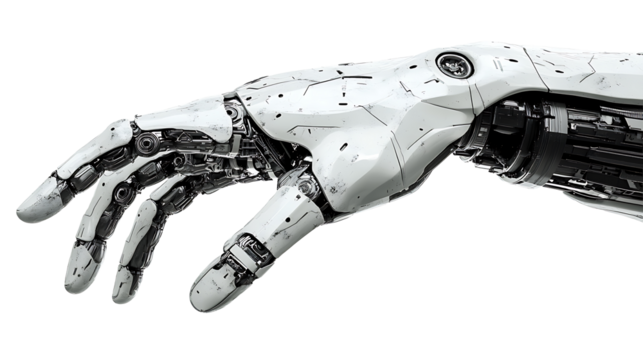 Futuristic metallic robot arm with visible gears and joints shown in close-up isolated on transparent background ideal for automation, engineering, and digital media - Powered by Adobe