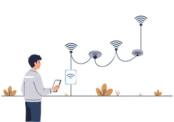A man uses a smartphone to view a park surveillance system. Overhead cameras transmit data, showcasing a modern park monitoring solution. Clean, illustrative style.