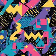 Abstract Geometric Seamless Pattern with Retro Shapes Colorful 80s Memphis Style Background