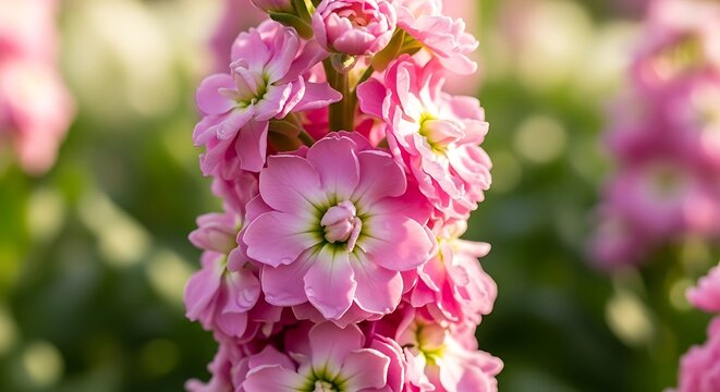 Close up of pink stock flowers in bloom.