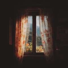 View of a vibrant autumn landscape through a rustic window with floral patterned curtains