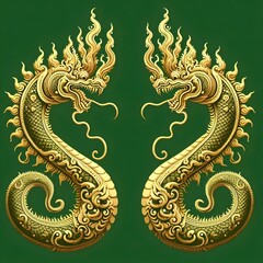 Fototapeta premium Exquisite Golden Serpent Dragons, Adorned with Traditional Asian Artistry, Symmetrically Displayed on a Lush Green Background