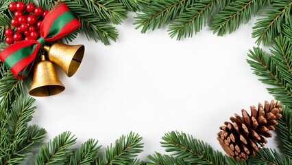 A border of green pine branches with red berries and a gold bell.