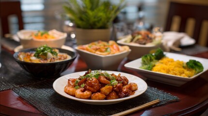 Fototapeta premium Asian Cuisine Table of Shrimp Rice and Vegetable Dishes Asian food Shrimp dish