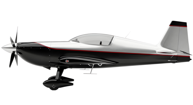 Sleek silver and black aerobatic airplane with red trim, professional stunt plane for aviation enthusiasts