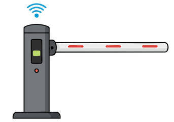 Modern RFID gate illustration with a raised barrier and wireless signal icon. Clean, flat design suitable for digital marketing and informational graphics. Simple, professional aesthetic.
