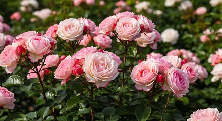 Close up view of a cluster of pink roses in full bloom.
