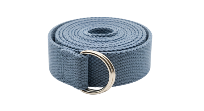 Rolled blue fabric yoga strap with metal dring isolated on transparent background