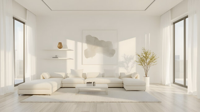 Bright and minimalist living room with a large L-shaped sofa, coffee table, and natural light streaming through large windows.