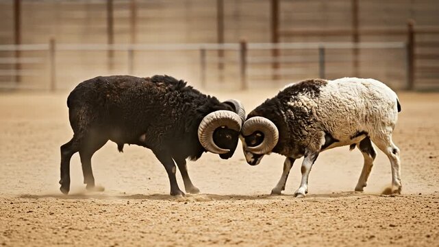 Powerful Rams Fighting in a Dusty Arena

