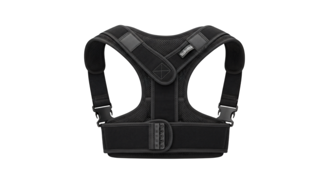 Black posture corrector vest isolated on transparent background