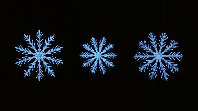 Three snowflakes are shown on a black background.
