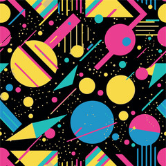Obraz premium Abstract Geometric Seamless Pattern with Retro Shapes Colorful 80s Memphis Style Background