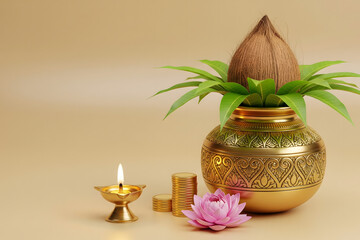 Festive Golden Pot with Coins, Coconut, and Diyas for Akshaya Tritiya and Dhanteras