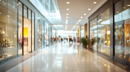 Blurred Indoor Shopping Mall Perspective with Glass Storefronts and Pedestrians, Representing Retail Activity and Consumerism