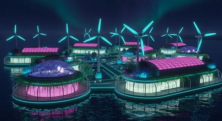 Futuristic Floating City: Sustainable Offshore Community Concept - Renewable Energy & Eco-Architecture