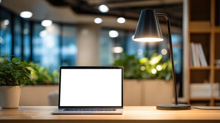 Laptop with Blank Screen on Desk in Modern Office Interior with Plants and Lamp