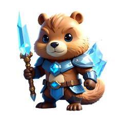 Fototapeta premium Adorable bearlike creature with armor and ice weapon