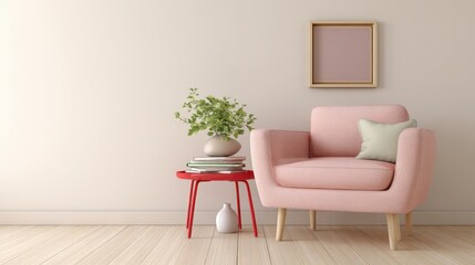 Elegant Living Room Interior with Pink Armchair, Red Table, and Modern Wall Decor